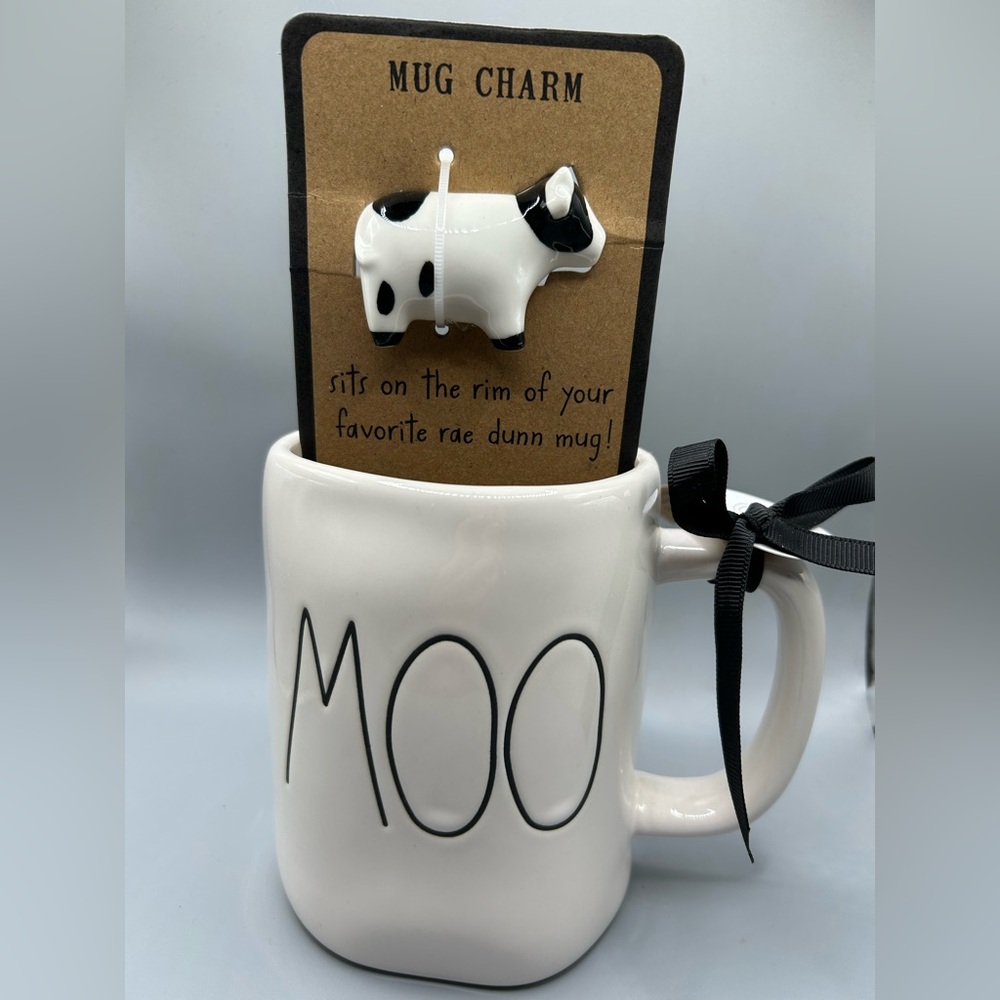 Rae Dunn Cow MOO Mug With Cow Charm Farmhouse Style Farmline NEW